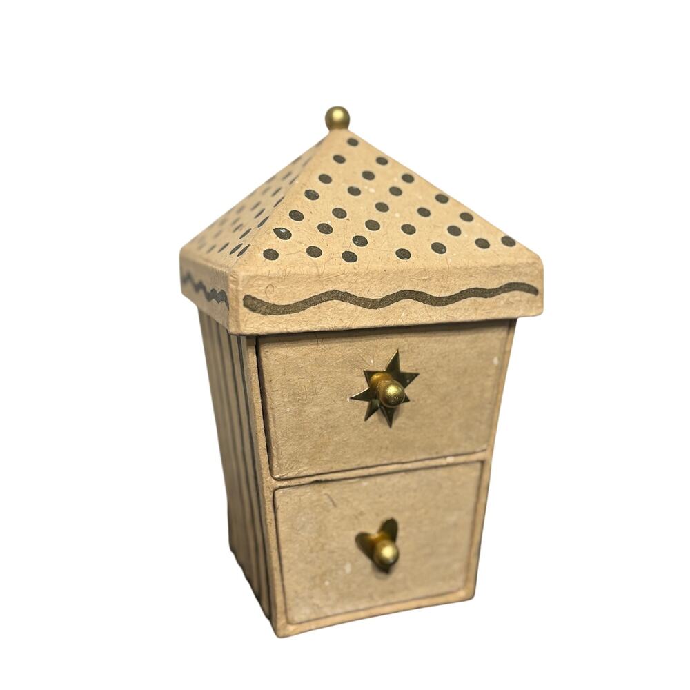 Vtg Hallmark Trinket Jewelry Box Paper Tan Golden detail knobs whimsical neutral